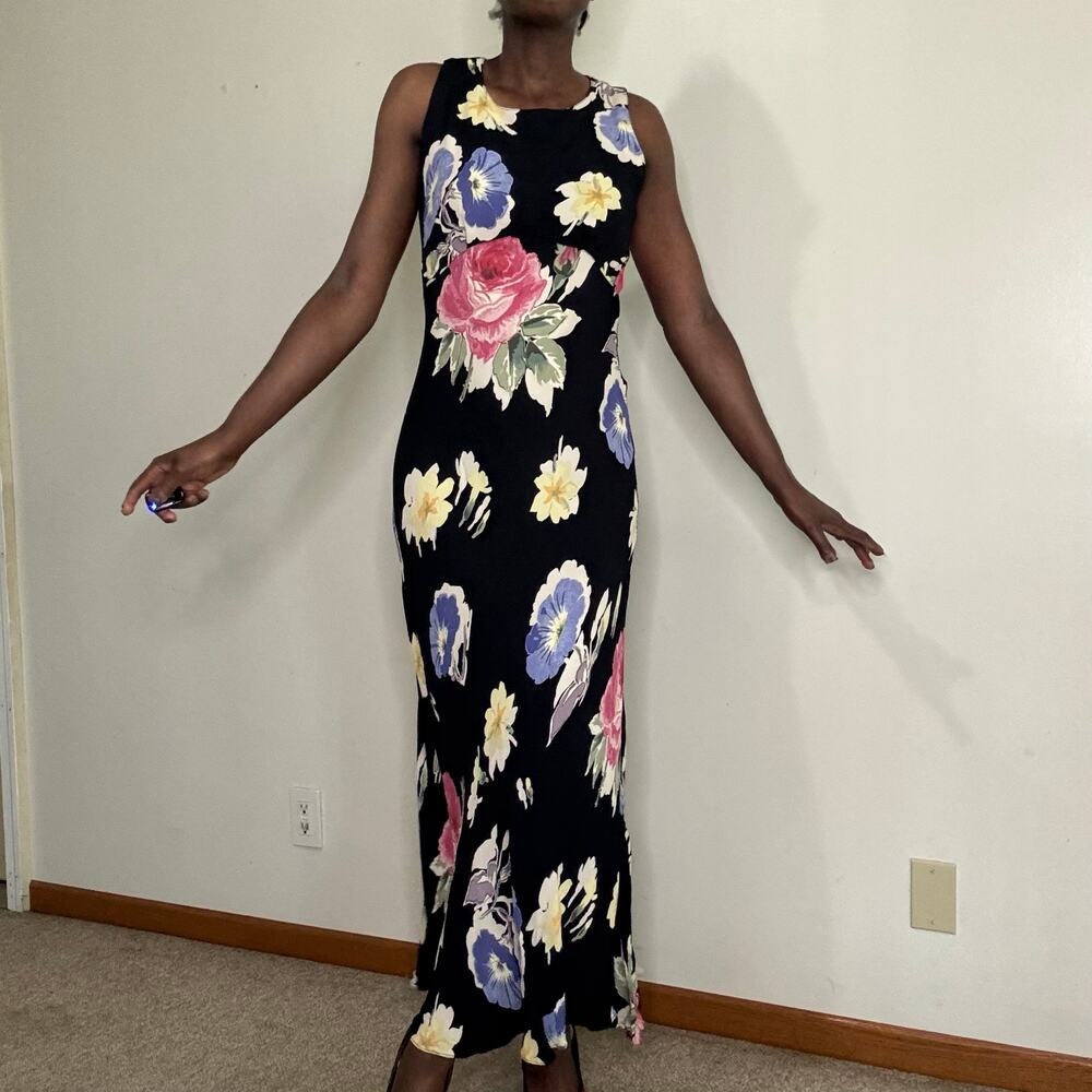 VINTAGE | 90s does 30s NOSTALGIA Grunge Floral Bias Cut Rayon Maxi Dress Size M